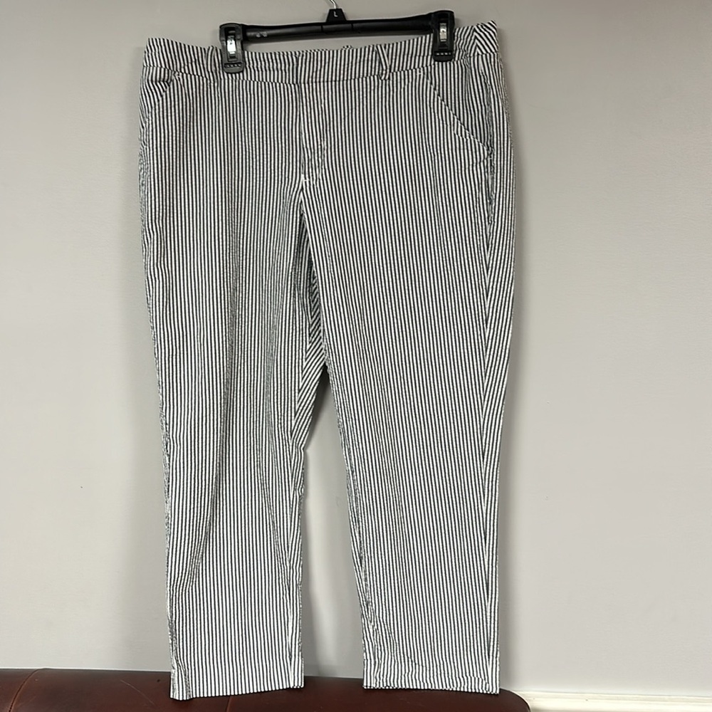 Merona Classic Gray & White Striped Seersucker zip pants, 4 Pocket, 16, EUC